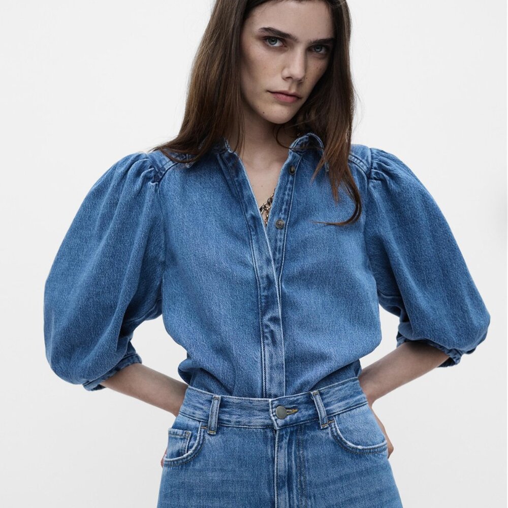 Zara ZW COLLECTION DENIM BLOUSE Puff sleeves Blue S M L NWT - Picture 7 of 15
